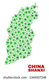 Vector cannabis Shanxi Province map mosaic. Template with green weed leaves for cannabis legalize campaign. Vector Shanxi Province map is organized with weed leaves.