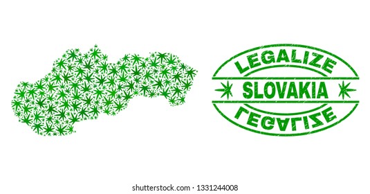 Vector cannabis Slovakia map collage and grunge textured Legalize stamp seal. Concept with green weed leaves. Concept for cannabis legalize campaign.