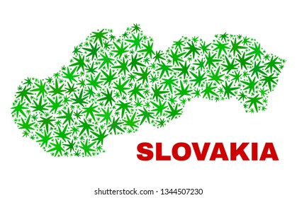 Vector cannabis Slovakia map collage. Template with green weed leaves for weed legalize campaign. Vector Slovakia map is created with weed leaves.
