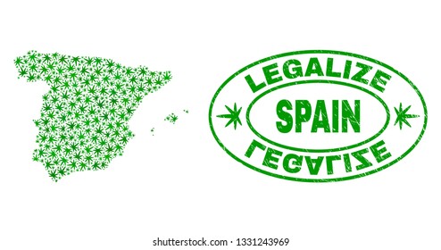 Vector cannabis Spain map mosaic and grunge textured Legalize stamp seal. Concept with green weed leaves. Concept for cannabis legalize campaign. Vector Spain map is organized with weed leaves.
