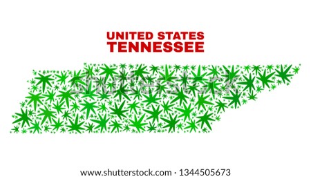 Vector cannabis Tennessee State map mosaic. Template with green weed leaves for cannabis legalize campaign. Vector Tennessee State map is composed from weed leaves.