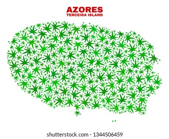 Vector cannabis Terceira Island map collage. Concept with green weed leaves for cannabis legalize campaign. Vector Terceira Island map is constructed with cannabis leaves.