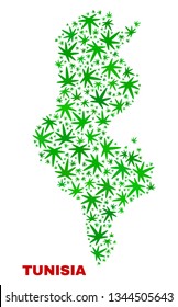 Vector cannabis Tunisia map mosaic. Template with green weed leaves for marijuana legalize campaign. Vector Tunisia map is formed with marijuana leaves.