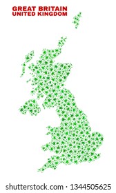 Vector cannabis United Kingdom map mosaic. Concept with green weed leaves for cannabis legalize campaign. Vector United Kingdom map is organized with weed leaves.