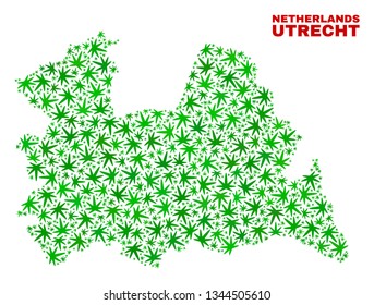 Vector cannabis Utrecht Province map mosaic. Concept with green weed leaves for cannabis legalize campaign. Vector Utrecht Province map is organized with cannabis leaves.
