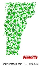 Vector cannabis Vermont State map collage. Template with green weed leaves for weed legalize campaign. Vector Vermont State map is created of cannabis leaves.