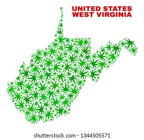 Vector cannabis West Virginia State map mosaic. Concept with green weed leaves for weed legalize campaign. Vector West Virginia State map is organized with cannabis leaves.