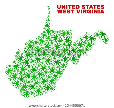Vector cannabis West Virginia State map mosaic. Concept with green weed leaves for weed legalize campaign. Vector West Virginia State map is organized with cannabis leaves.
