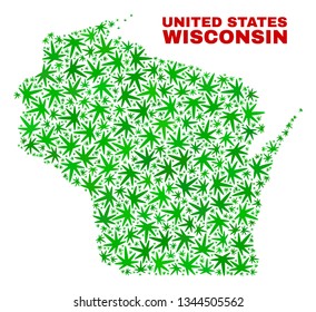 Vector cannabis Wisconsin State map collage. Template with green weed leaves for weed legalize campaign. Vector Wisconsin State map is organized with weed leaves.