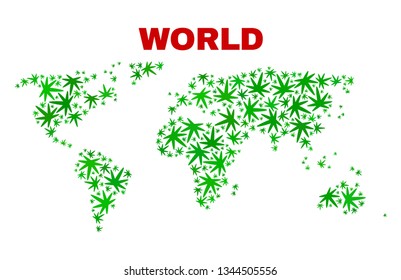 Vector cannabis world map collage. Concept with green weed leaves for weed legalize campaign. Vector world map is created with cannabis leaves.