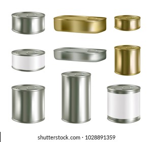 Vector Canned Food Realistic Package Mockup Set Isolated On White Background. Metal Tin Can Preserve Conserve Blank Templates.