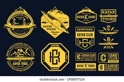 Vector canoe and kayak logo, badges and design elements. Water sport, recreation, canoeing and kayaking illustrations