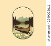 vector canoe mountain lake adventure badge logo vintage style, icon symbol