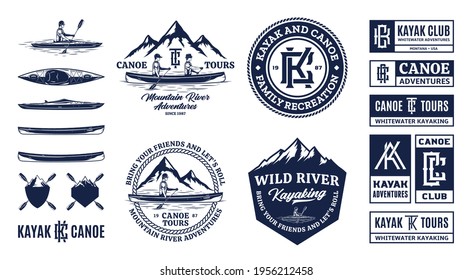 Vector canoeing and kayaking logo, badges and design elements. Water sport, recreation, canoeing and kayaking illustrations