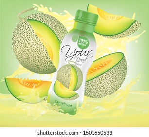 Vector cantaloupe juice, fruit glass bottle with drop splash