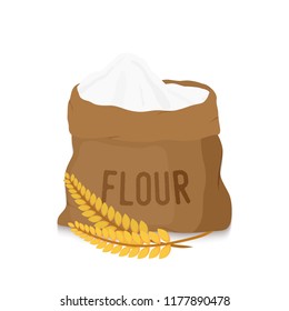 Vector canvas bag with white flour with golden ears. Organic product from cereal rye, melted grains. Healthy nutrition for bakery, pastry.
