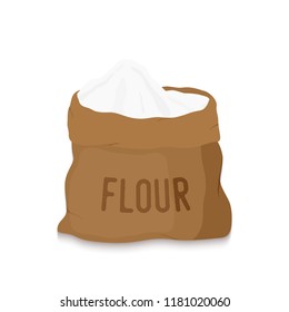 Vector canvas bag with white flour. Organic product from golden ear, cereal rye, melted grains. Healthy nutrition for bakery, pastry.