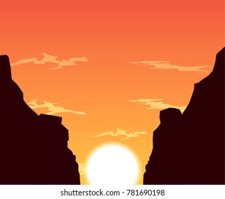  vector canyon sunset illustration.cloudy sky and rocks