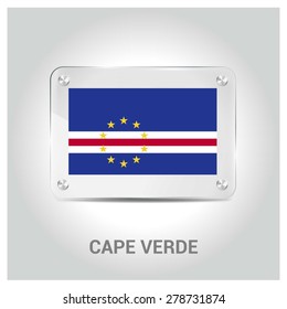 Vector Cape Verde Flag glass plate with metal holders - Country name label in bottom - Gray background vector illustration