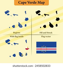 Vector Cape Verde map vector states and lines and full with vector flag and flag map