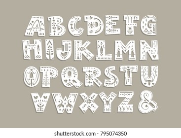 Vector capital alphabet. Cut out letters with scandinavian patterns for a laser cutting template of paper and vinyl. For monograms, initials.