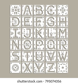 Vector capital alphabet. Squares with cut letters and geometric patterns for a laser cutting template of paper and vinyl. For wedding design, monograms, initials.