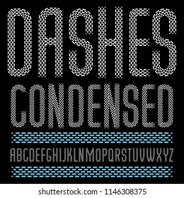 Vector capital condensed modern alphabet letters set. Rounded font, typescript for use as retro poster design elements. Created using dashes, parallel lines.