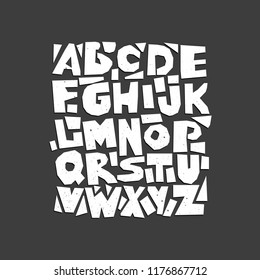Vector capital cut out alphabet. White letters with texture on a black background.