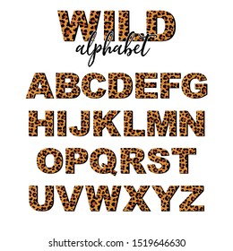 Vector Capital Letter Alphabet With Wild Leopard Skin Print Isolated On White Background. Letters Of Alphabet Of African Wild Animal Realistic Skin. 3 D Font For Logo, Print, Posters, Invitation.
