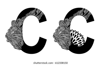 Vector capital letter C with line floral decor in two versions. English alphabet  for the festive and wedding decor. For monograms, logos, emblems. Modern initials silhouette. Clouds nature texture. 