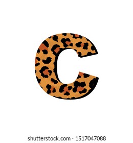 Vector capital letter C with wild leopard skin print isolated on white background. Letters of Alphabet of African wild animal realistic skin. 3 d alphabet for logo, print, posters, invitation, banner.