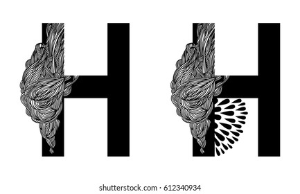 Vector capital letter H with line floral decor in two versions. English alphabet  for the festive and wedding decor. For monograms, logos, emblems. Modern initials silhouette. Clouds nature texture. 