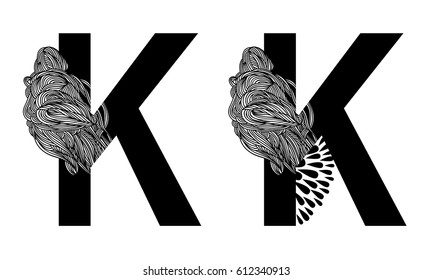 Vector capital letter K with line floral decor in two versions. English alphabet  for the festive and wedding decor. For monograms, logos, emblems. Modern initials silhouette. Clouds nature texture. 