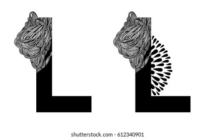 Vector capital letter L with line floral decor in two versions. English alphabet  for the festive and wedding decor. For monograms, logos, emblems. Modern initials silhouette. Clouds nature texture. 