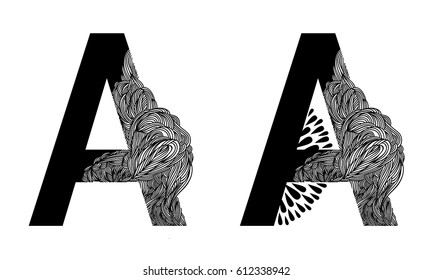 Vector capital letter A with line floral decor in two versions. English alphabet  for the festive and wedding decor. For monograms, logos, emblems. Modern initials silhouette. Clouds nature texture. 