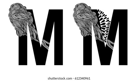 Vector capital letter M with line floral decor in two versions. English alphabet  for the festive and wedding decor. For monograms, logos, emblems. Modern initials silhouette. Clouds nature texture. 