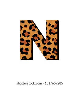 Vector capital letter N with wild leopard skin print isolated on white background. Letters of Alphabet of African wild animal realistic skin. 3d alphabet for logo, print, posters, invitation, banner.
