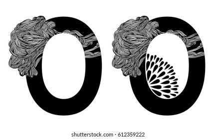 Vector capital letter O with line floral decor in two versions. English alphabet  for the festive and wedding decor. For monograms, logos, emblems. Modern initials silhouette. Clouds nature texture. 