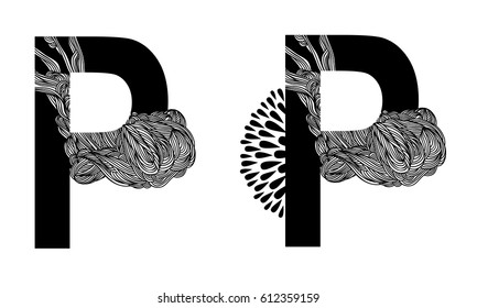 Vector capital letter P with line floral decor in two versions. English alphabet  for the festive and wedding decor. For monograms, logos, emblems. Modern initials silhouette. Clouds nature texture. 