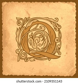 Vector capital letter Q suitable for monogram, logo, emblem, greeting card, invitation or label design. Ornate initial letter Q in vintage style with fairy tale decoration on an old paper background