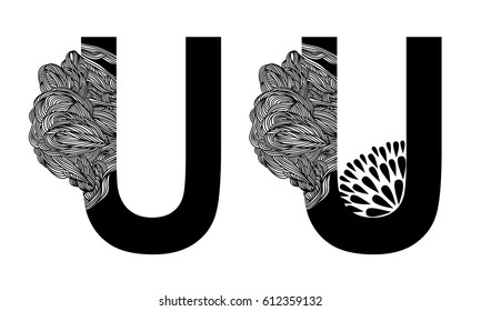 Vector capital letter U with line floral decor in two versions. English alphabet  for the festive and wedding decor. For monograms, logos, emblems. Modern initials silhouette. Clouds nature texture. 