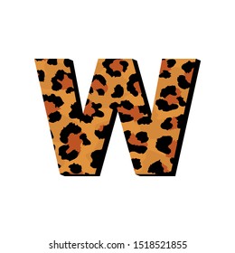 Vector capital letter W with wild leopard skin print isolated on white background. Letters of Alphabet of African wild animal realistic skin. 3 d alphabet for logo, print, posters, invitation, banner.