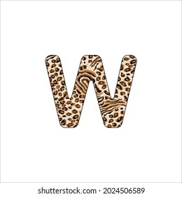 Letra vectorial mayúscula W con huella de piel de leopardo silvestre aislada en fondo blanco. Cartas de alfabeto de piel de animales salvajes africanos realistas. 