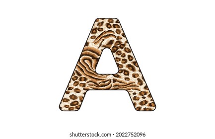 Vector capital letter A with wild leopard skin print isolated on white background. Letters of Alphabet of African wild animal realistic skin