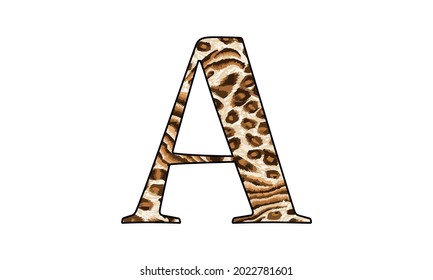 Vector capital letter A with wild leopard skin print isolated on white background. Letters of Alphabet of African wild animal realistic skin