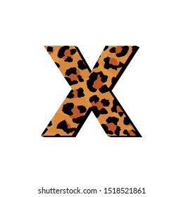 Vector capital letter X with wild leopard skin print isolated on white background. Letters of Alphabet of African wild animal realistic skin. 3 d alphabet for logo, print, posters, invitation, banner.