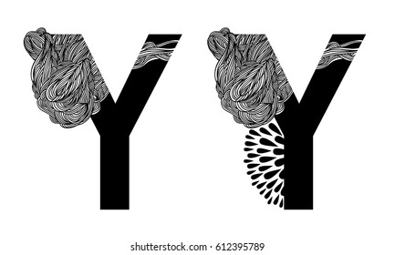 Vector capital letter Y with line floral decor in two versions. English alphabet  for the festive and wedding decor. For monograms, logos, emblems. Modern initials silhouette. Clouds nature texture. 