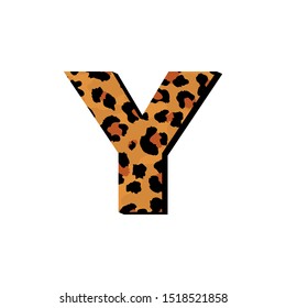 Vector capital letter Y with wild leopard skin print isolated on white background. Letters of Alphabet of African wild animal realistic skin. 3 d alphabet for logo, print, posters, invitation, banner.