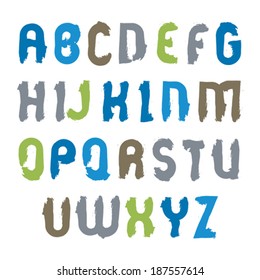 Vector capital letters set, hand-drawn colorful script, bright drop caps drawn with paint brush, doodle alphabet with brushstrokes.