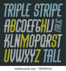 Vector capital modern alphabet letters set. Trendy italic condensed font, script from a to z can be used in art  poster creation. Created using geometric triple stripes.